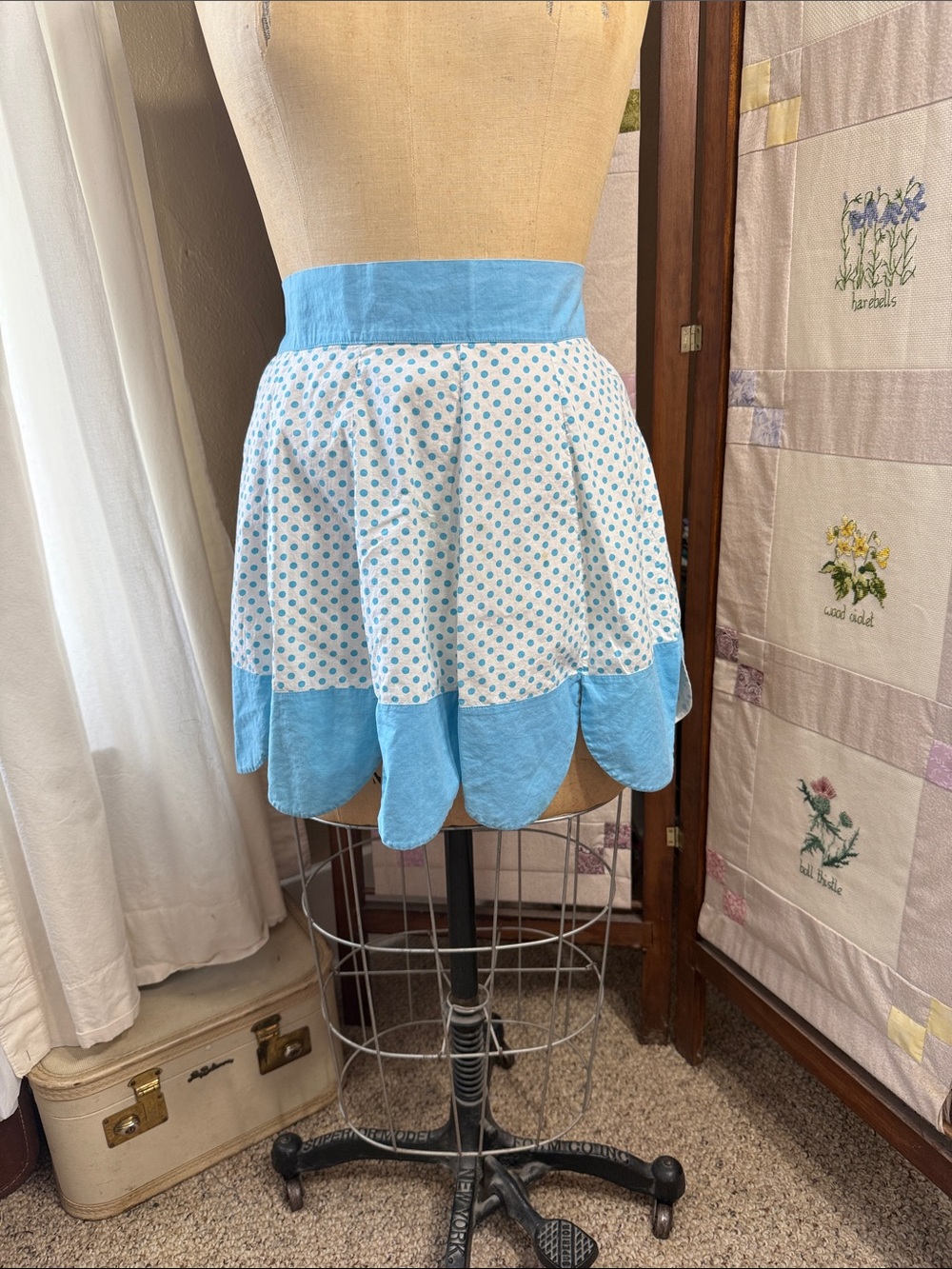 Vintage 1950s Turquoise Polka Dot Half Apron Handmade Scalloped Petal Hem